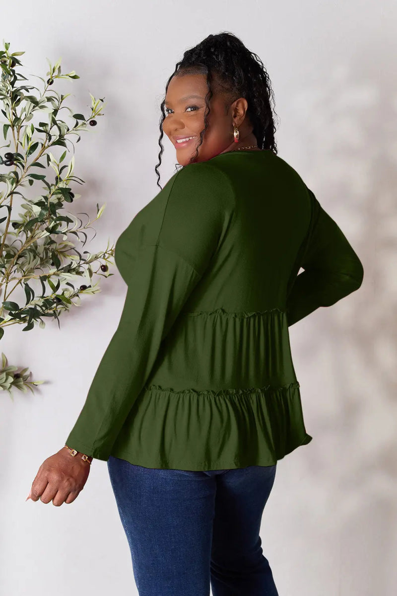 Double Take Half Button Long Sleeve Ruffle Hem Blouse - Love Salve